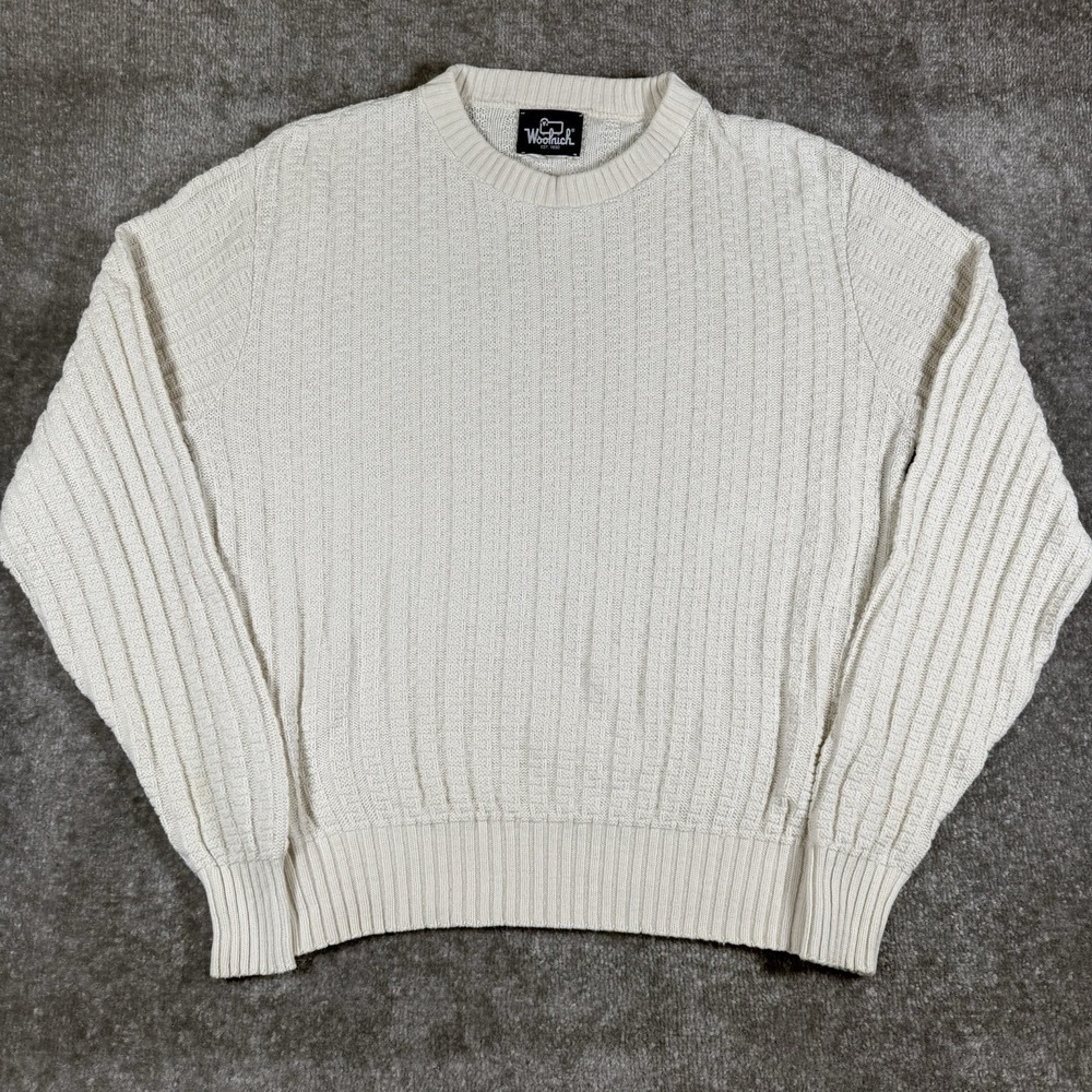 Vintage Woolrich Sweater Men's Large White Cotton Crew Neck Ribbed Fisherman
